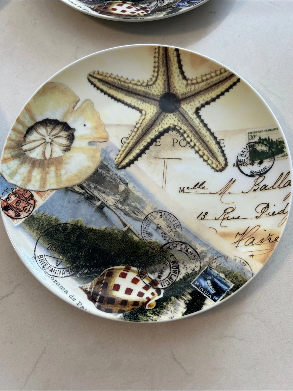 Pottery Barn-Coastal Curiosity Plate Featuring Postcard Design